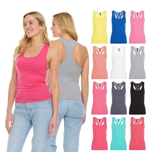 A collection of women's racerback tank tops in various colors, including pink, grey, blue, yellow, and more. Two models showcase the front and back views, highlighting the fit and design.