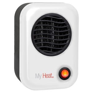 Lasko Mini Space Heater, compact and rectangular, features a white body with a black grille and an orange power button. It's designed for spot heating small spaces efficiently.