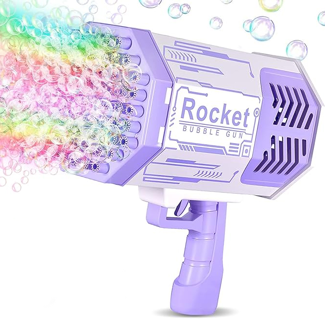Purple and white bubble machine with a handle, labeled \“Rocket Bubble Gun,\“ releasing colorful bubbles from multiple nozzles.