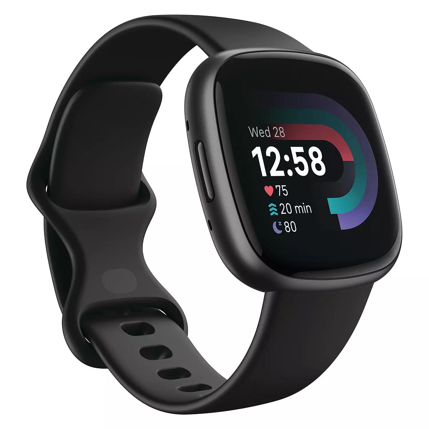 A black smartwatch with a rectangular touchscreen displays time, heart rate, activity minutes, and sleep score.