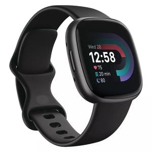 A black smartwatch with a rectangular touchscreen displays time, heart rate, activity minutes, and sleep score.