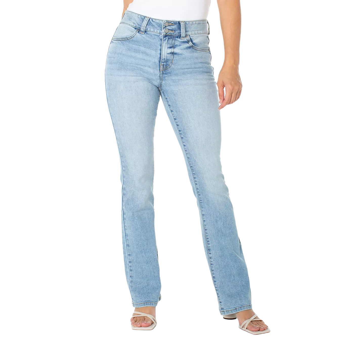 Light blue, high-waisted bootcut jeans with a double-button closure and classic pocket design, paired with strappy white heels.