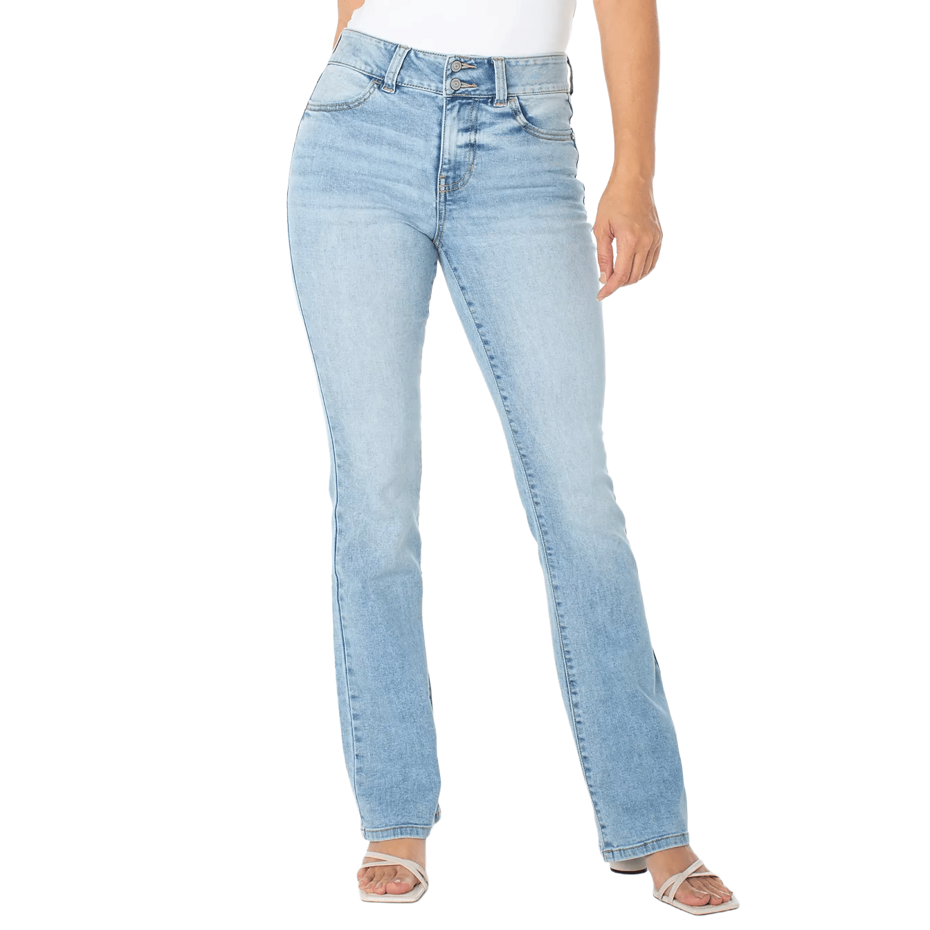 Light blue, high-waisted bootcut jeans with a double-button closure and classic pocket design, paired with strappy white heels.