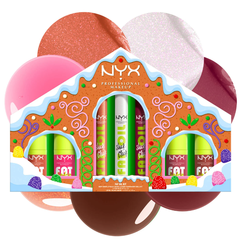 NYX Professional Makeup Fat Oil Kit features a gingerbread-themed package containing four lip oils in colorful tubes, offering shiny lip care.