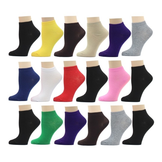 Sixteen pairs of ankle socks in various solid colors, including yellow, purple, red, black, green, and white.