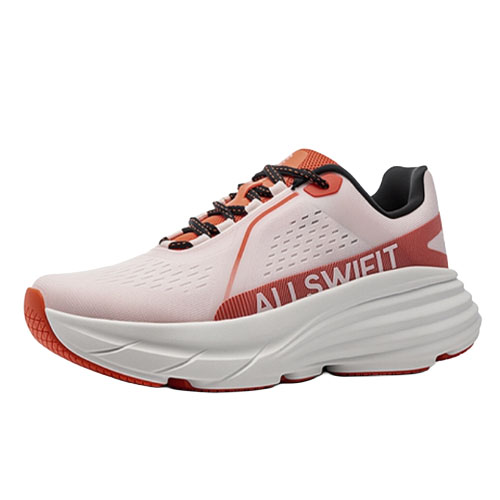 Athletic shoe with thick, cushioned sole, white and orange color scheme, featuring black and orange laces and the text \“ALL SWIFT\“ on the side.
