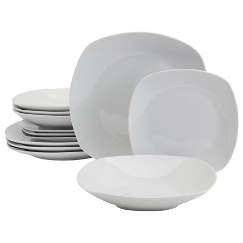 A set of white dinnerware featuring square-shaped plates and a bowl, with a minimalist design.
