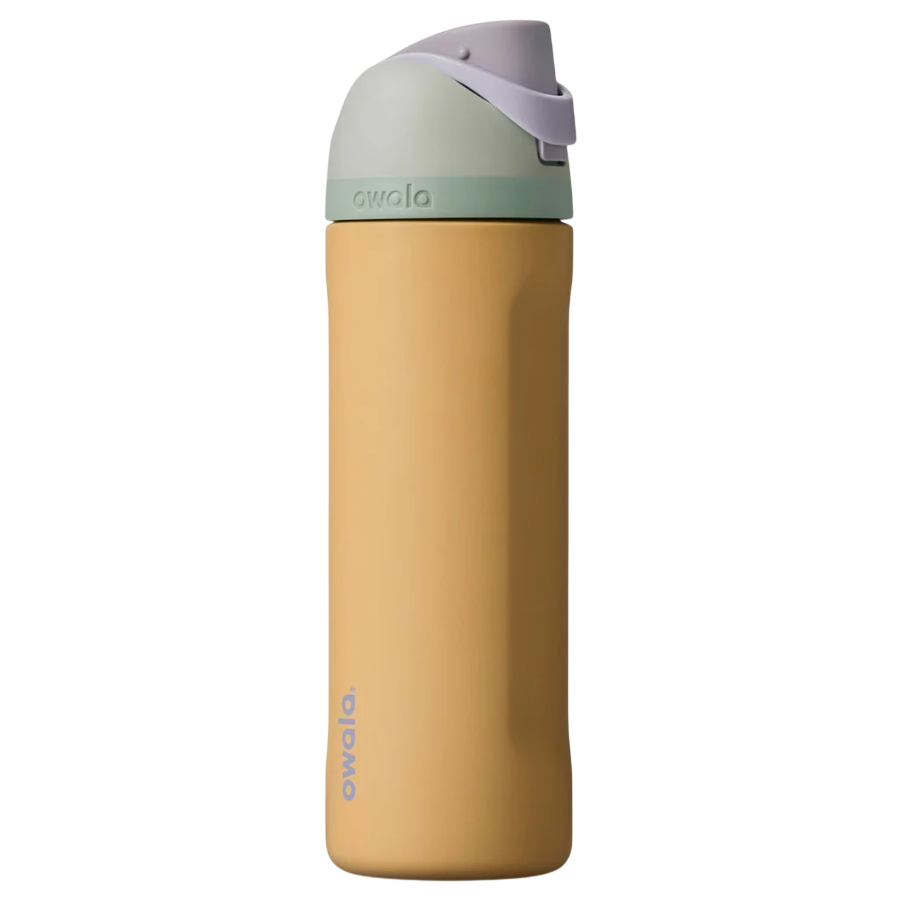 A yellow Owala water bottle with a pastel-colored lid, designed for easy portability and hydration on-the-go.
