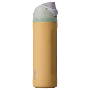 A yellow Owala water bottle with a pastel-colored lid, designed for easy portability and hydration on-the-go.