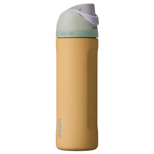 A yellow Owala water bottle with a pastel-colored lid, designed for easy portability and hydration on-the-go.