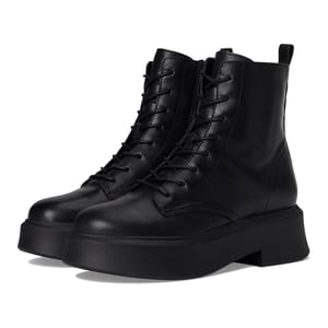 Black leather combat boots with a chunky sole and lace-up design, featuring a high ankle cut and smooth finish for a sleek, modern look.