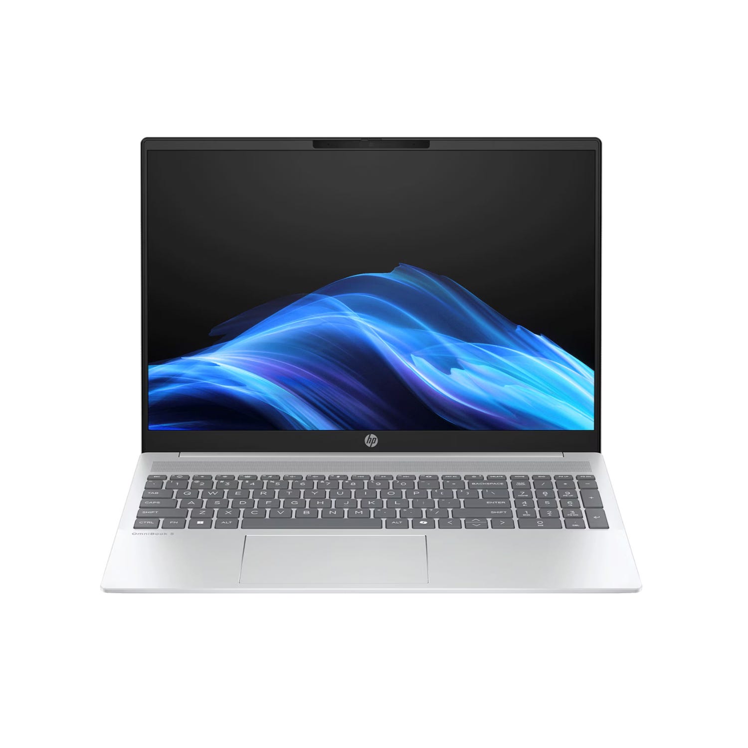 HP laptop with a silver body and black screen bezel, featuring a wave-like blue design on the screen, and a full QWERTY keyboard.
