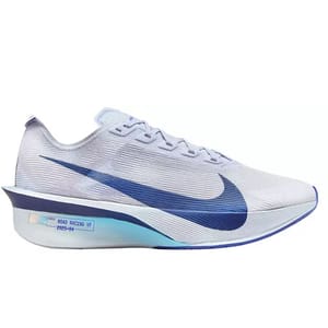 A white running shoe with a blue swoosh, featuring \“ROAD RACING VF\“ text on the side and a sleek, aerodynamic design.