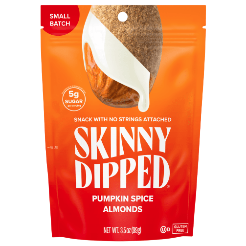 Skinny Dipped Pumpkin Spice Almonds, 3.5 oz (99g), gluten-free, with 5g of sugar, small batch.