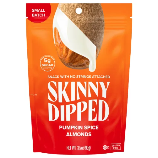 Skinny Dipped Pumpkin Spice Almonds, 3.5 oz (99g), gluten-free, with 5g of sugar, small batch.