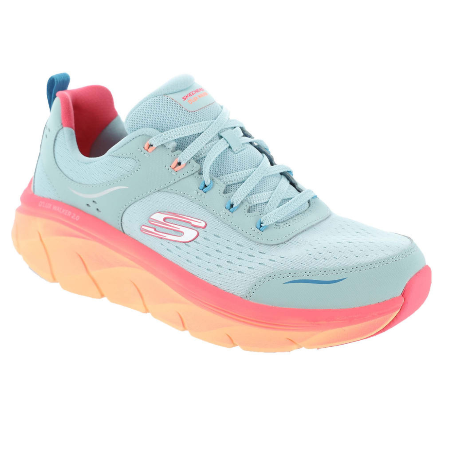 Skechers Sport D'Lux Walkers are athletic shoes featuring light blue mesh uppers, pink accents, and a thick orange-pink sole, designed for comfort and support.