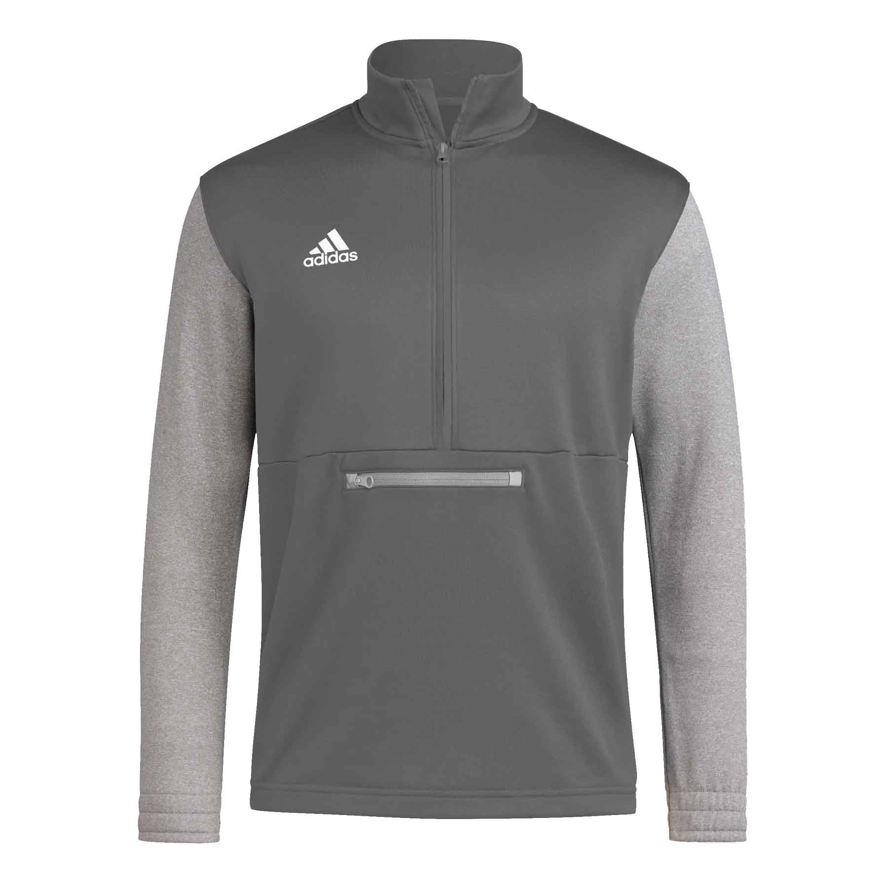 Adidas Men's Half-Zip Pullover in gray features a high collar with a zip closure, logo on the chest, and a pocket zipper on the front. The sleeves and lower half are a lighter gray, providing a contrasting two-tone design.
