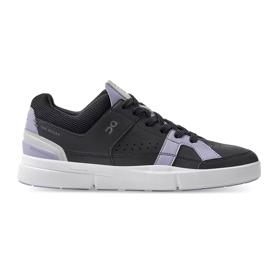 A black and lilac sneaker with a white sole, featuring a perforated design and branded elements.