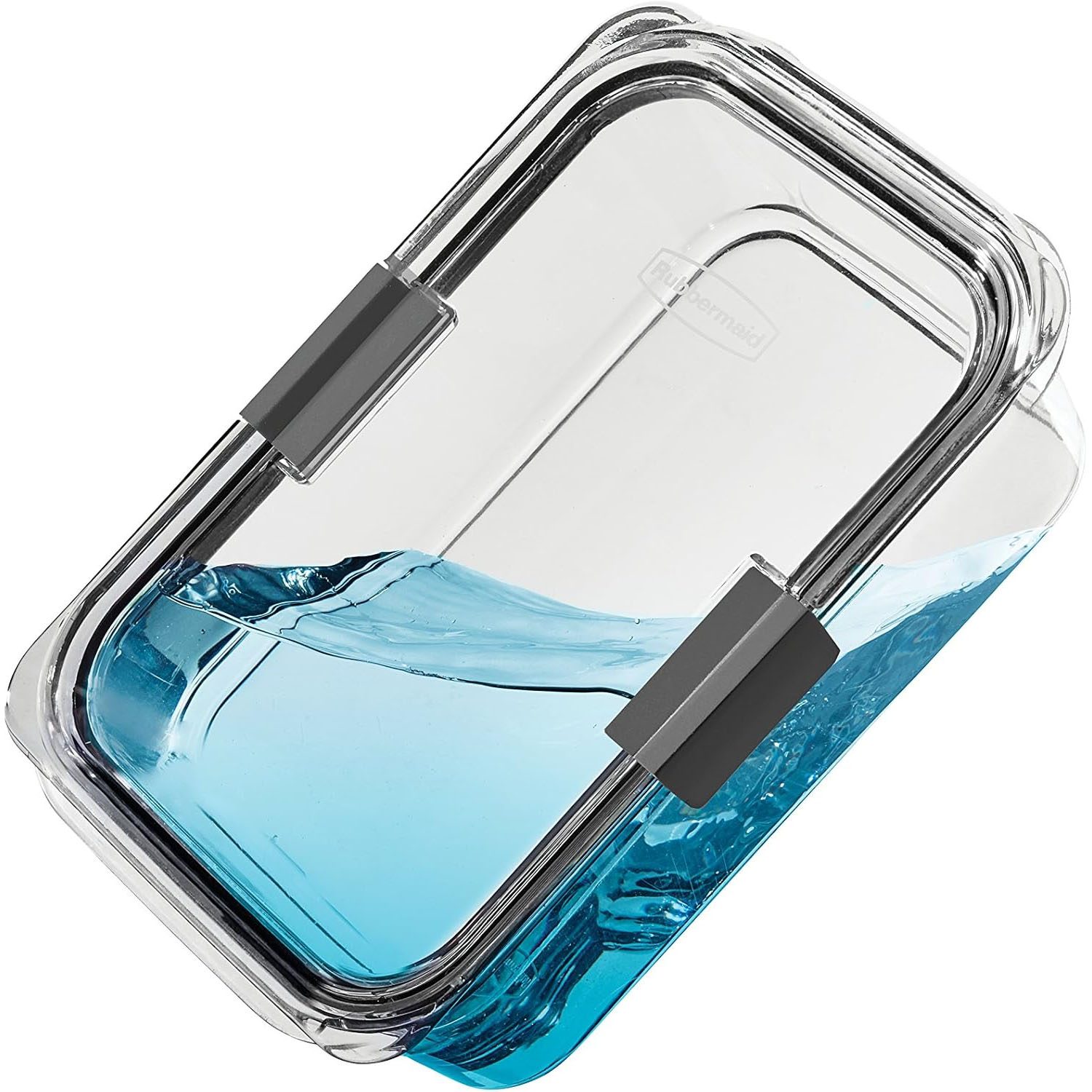 A clear, rectangular food container with a snap-lock lid is shown tilted, holding blue liquid to demonstrate its leak-proof feature.