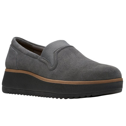 Gray suede slip-on shoe with a platform sole and tan accent stripe around the midsole.