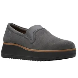 Gray suede slip-on shoe with a platform sole and tan accent stripe around the midsole.