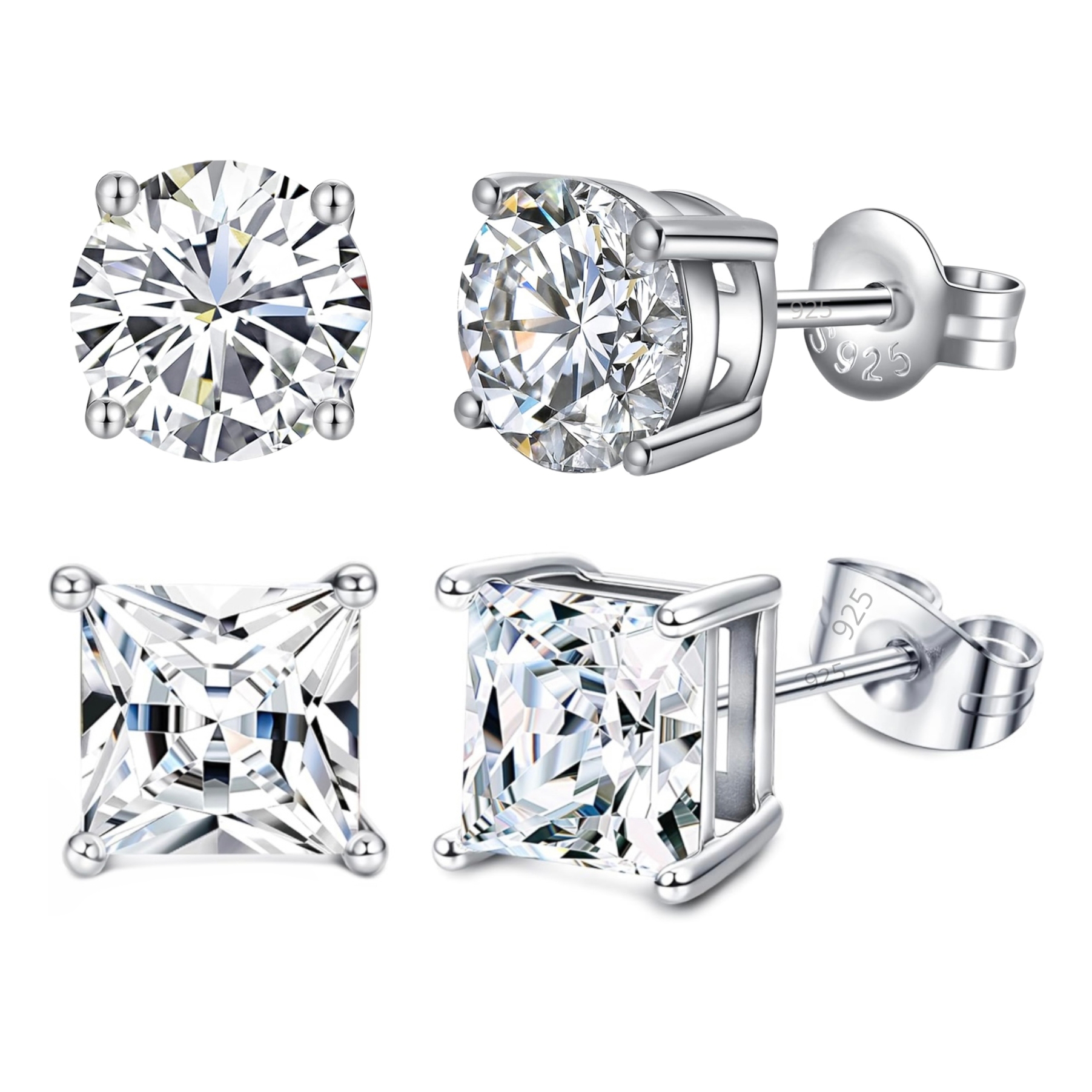 Two types of stud earrings are shown: one with round-cut stones and another with princess-cut stones, both set in a metal with \“925\“ indicating sterling silver.
