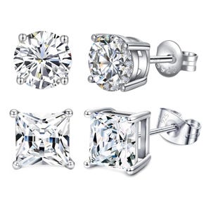 Two types of stud earrings are shown: one with round-cut stones and another with princess-cut stones, both set in a metal with \“925\“ indicating sterling silver.