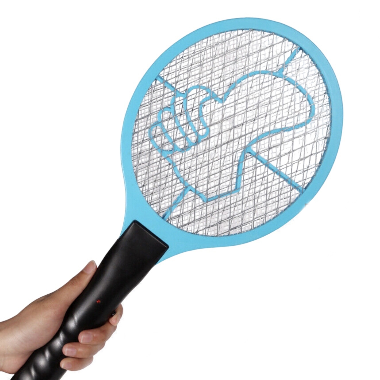 An electric bug zapper racket with a blue frame and metal mesh, featuring a safety grip handle. It has a design on the mesh depicting a hand holding the handle, crossed out to indicate caution.