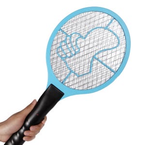 An electric bug zapper racket with a blue frame and metal mesh, featuring a safety grip handle. It has a design on the mesh depicting a hand holding the handle, crossed out to indicate caution.