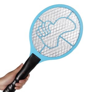 An electric bug zapper racket with a blue frame and metal mesh, featuring a safety grip handle. It has a design on the mesh depicting a hand holding the handle, crossed out to indicate caution.