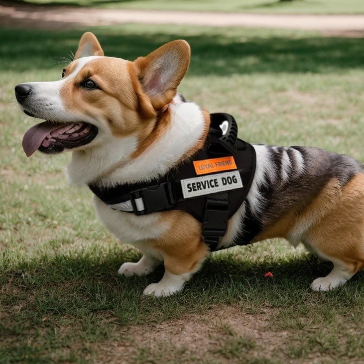 A Corgi wearing a black service dog harness labeled \“LOYAL FRIEND\“ and \“SERVICE DOG\“ standing on grass.