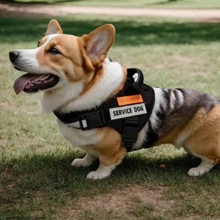 A Corgi wearing a black service dog harness labeled \“LOYAL FRIEND\“ and \“SERVICE DOG\“ standing on grass.