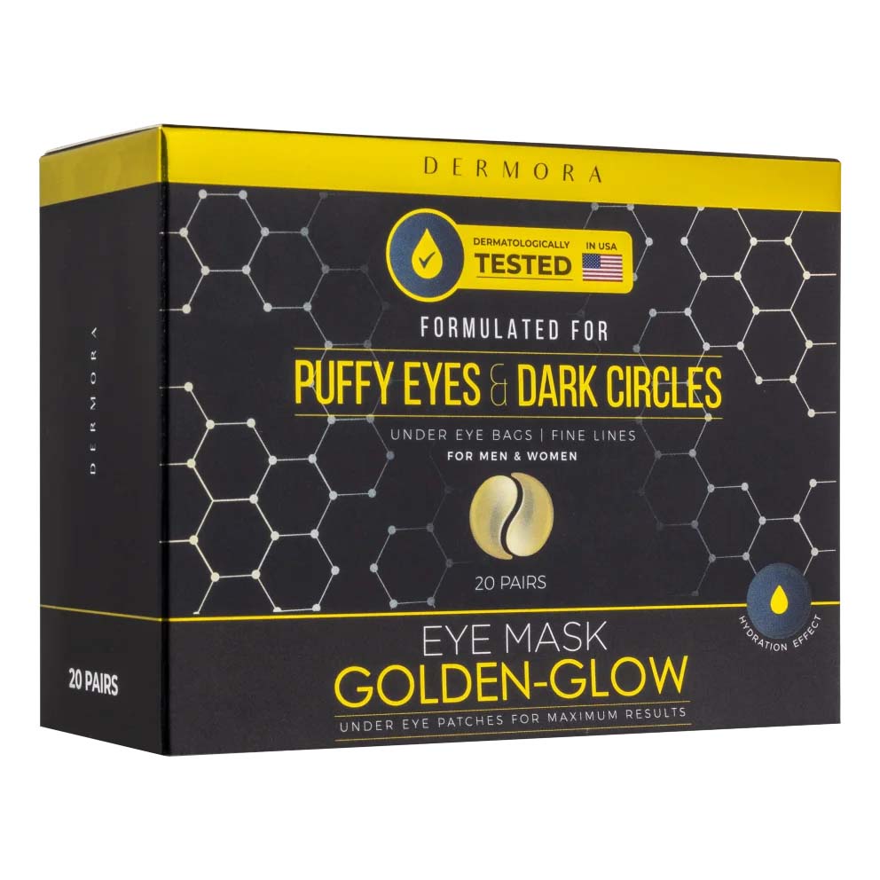 Dermora Golden-Glow Eye Mask is a set of 20 pairs of under-eye patches designed to reduce puffy eyes, dark circles, eye bags, and fine lines. Dermatologically tested and suitable for both men and women.