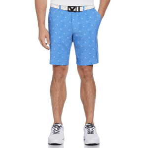 Light blue shorts with a subtle chevron geo pattern, featuring pockets. Paired with a white belt and white sneakers.