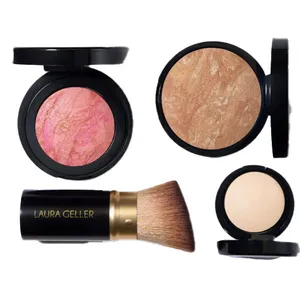 A set of Laura Geller cosmetics, including a pink blush, a marbled bronzer, a compact powder, and a retractable face brush.