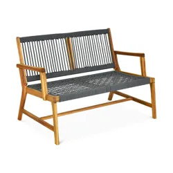 A wooden bench with a gray, woven rope design on the seat and backrest, featuring armrests and a simple, modern style.