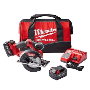 A Milwaukee M18 Fuel circular saw set, including the saw, battery, charger, and red carrying bag.