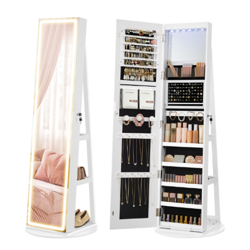 A white freestanding mirror with LED lights, opening to reveal an organizer for jewelry, cosmetics, and accessories, featuring multiple shelves, hooks, and compartments.
