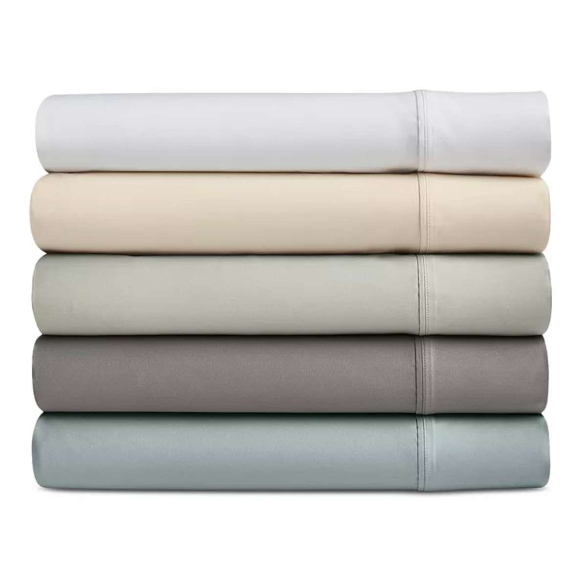 Five neatly folded bed sheets in different colors: white, beige, light gray, dark gray, and light blue.