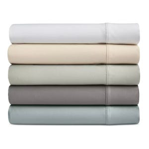 Five neatly folded bed sheets in different colors: white, beige, light gray, dark gray, and light blue.