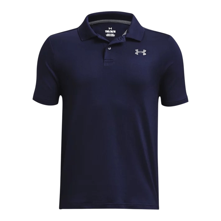 Navy blue short-sleeve polo shirt with a small logo on the chest, featuring a classic collar and a three-button placket.