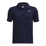 Navy blue short-sleeve polo shirt with a small logo on the chest, featuring a classic collar and a three-button placket.