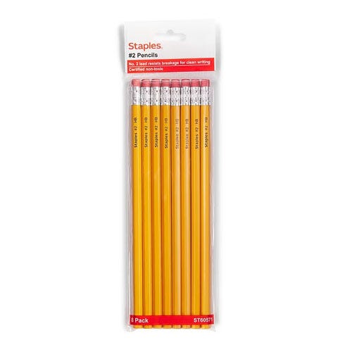 A pack of 8 yellow #2 pencils with erasers, branded by Staples.