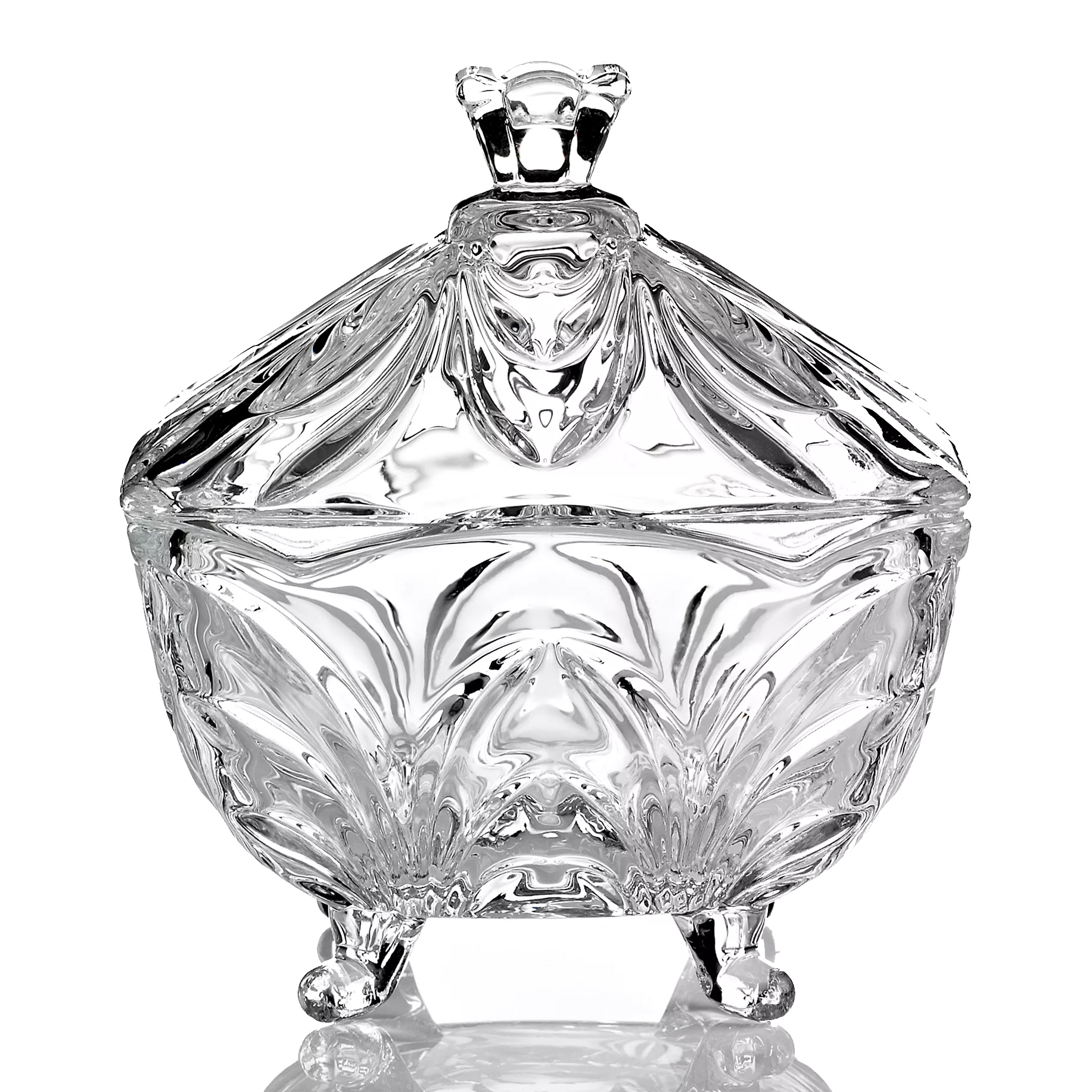 A decorative glass container with an ornate lid and elegant, sculpted design, supported by three small spherical feet.