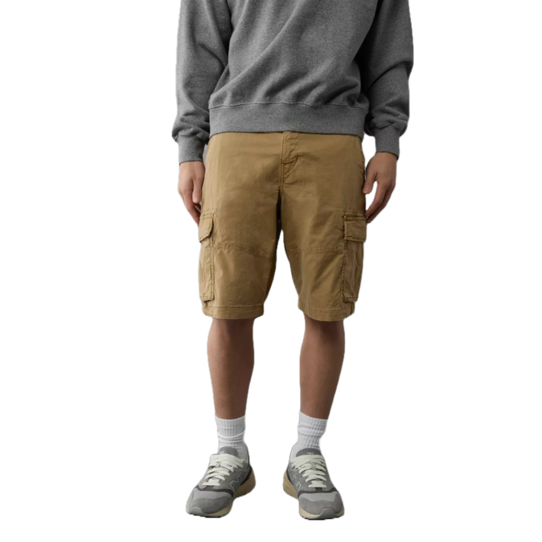 Tan cargo shorts with multiple pockets, featuring a loose fit and casual style, paired with a gray sweatshirt, white socks, and gray sneakers.