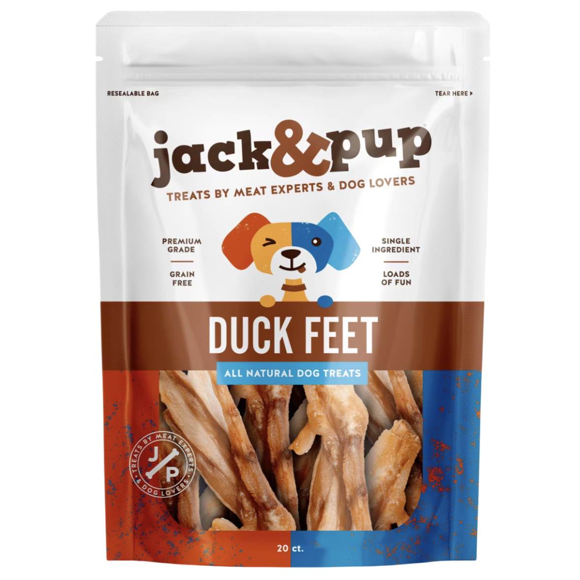 Jack & Pup Duck Feet All Natural Dog Treats, 20 count, premium grade, grain-free, single ingredient, in a resealable bag.