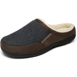 A brown and black slipper with a soft, plush interior and textured fabric exterior, designed for comfort and warmth.