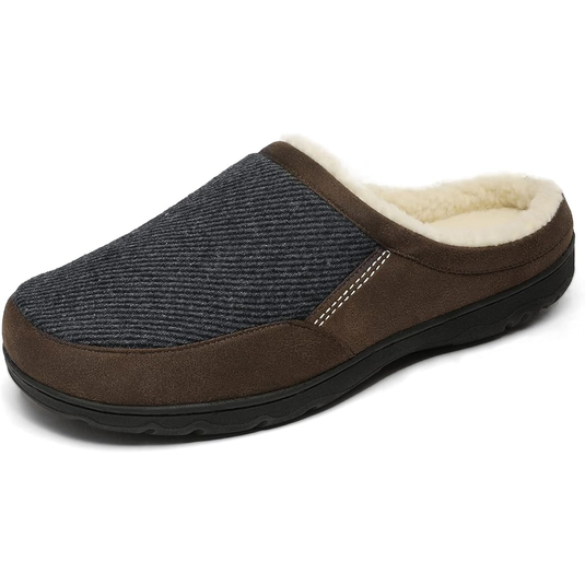 A brown and black slipper with a soft, plush interior and textured fabric exterior, designed for comfort and warmth.