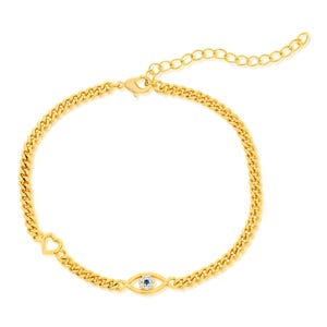 Gold chain bracelet featuring a lab-created sapphire eye and heart accents, with an adjustable lobster clasp closure. Ideal for a delicate and symbolic style statement.
