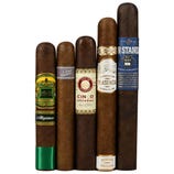 A selection of five cigars with distinct labels: Allegiance by E.P. Carrillo, Cloud Hopper, Joya de Nicaragua's Cinco Décadas, Plasencia Reserva Original, and 1502 with a blue label.
